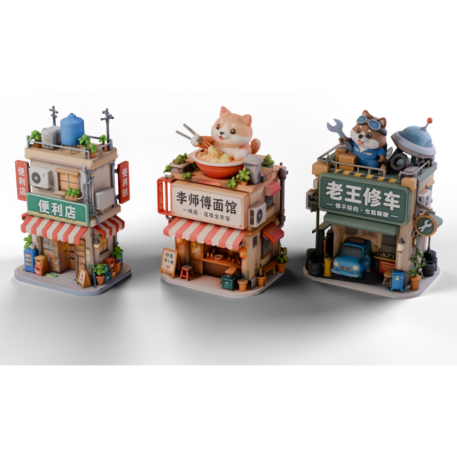 Entorns 3D estilitzats: parada, supermercat i taller mecànic